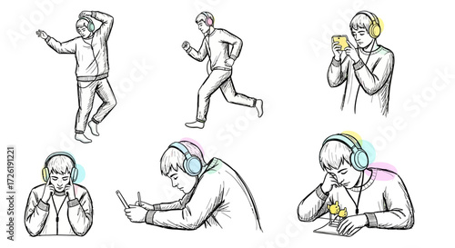 Young Man with Headphones in Various Activities: Dancing, Running, Studying, and Relaxing