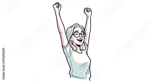 Joyful Woman with Glasses Celebrating Success, Arms Raised