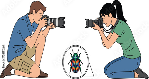 Two photographers capturing close-up shots of a colorful insect, macro photography hobby with cameras, lenses, nature exploration, and scientific observation