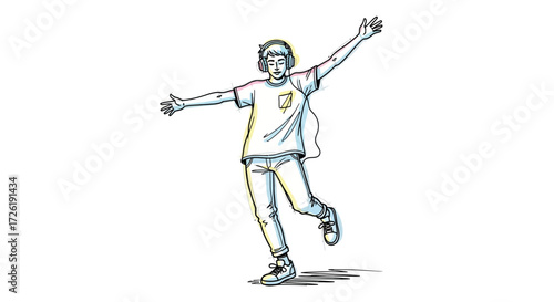 Energetic Young Man Dancing with Headphones, Arms Outstretched