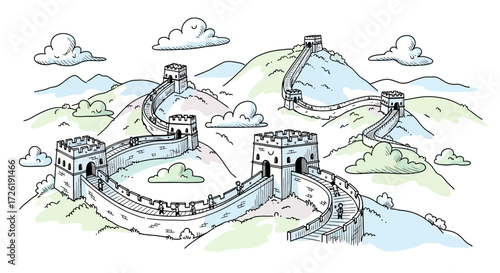 Hand-drawn Illustration of the Great Wall of China