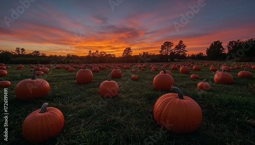 A serene pumpkin patch bathed in the warm glow of a sunset, with ripe pumpkins dotting the field under a colorful sky