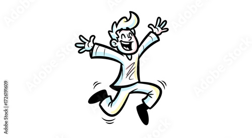 Cartoon Man Jumping with Joy and Excitement, Arms Raised