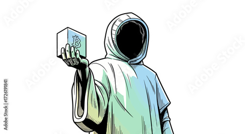 Anonymous Figure in Hooded Robe Presenting Bitcoin Block