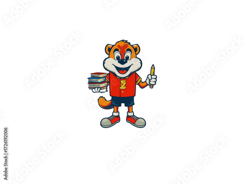 Smart Otter Mascot Character Holding Stack of Books and Pencil