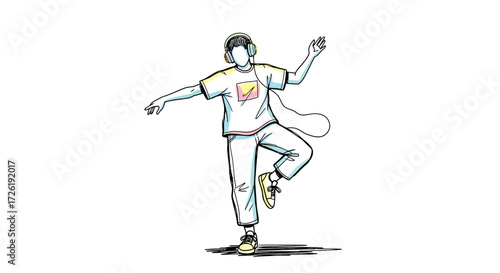 Illustrated Man Dancing with Headphones and Casual Outfit in Dynamic Pose