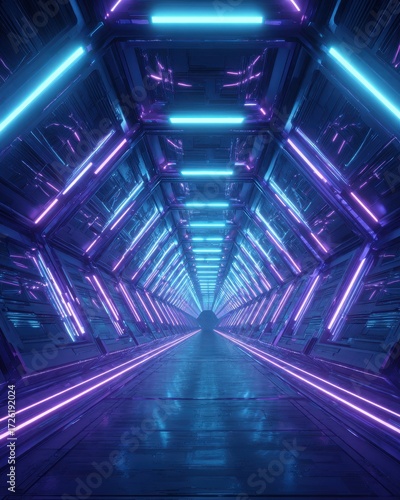 Vibrant Neon Lit Sci-Fi Tunnel - Symmetrical Hexagonal Corridor with Blue and Purple Cyberpunk Glow.