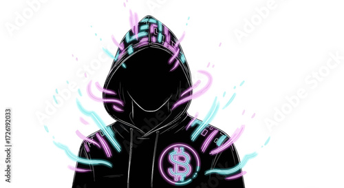 Anonymous Hooded Figure with Neon Bitcoin Symbol