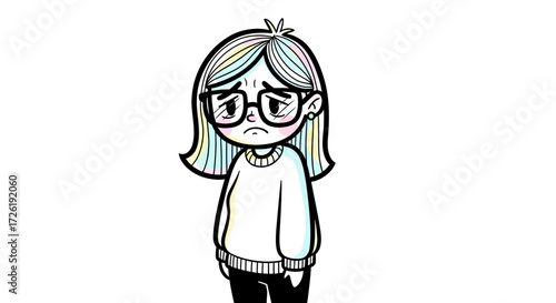 Sad Cartoon Girl with Glasses and Colorful Hair