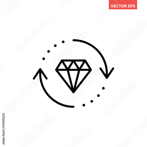 Single black diamond with rotation arrows line icon, simple vip exchange flat design infographic pictogram vector for app logo web button ui ux interface elements isolated on white background