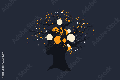 Abstract Head Silhouette with Tree Branches and Digital Nodes – Brain, Growth and Business Concept Illustration