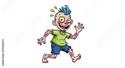 Cartoon Boy Running with Blue Hair and Spots