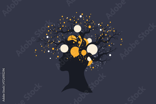 Abstract Head Silhouette with Tree Branches and Digital Nodes – Brain, Growth and Business Concept Illustration