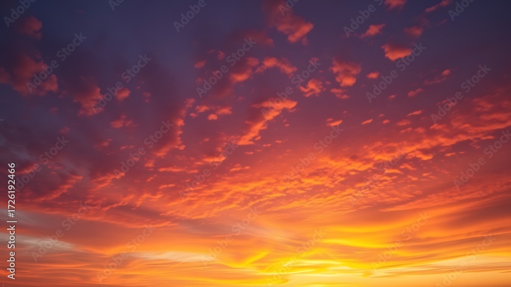 Fototapeta premium Dramatic sunrise with gradient orange and purple clouds, creating a panoramic abstract sky view.