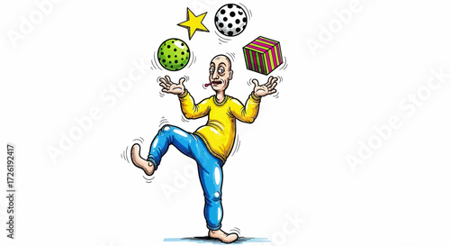 Bald Man Juggling Star, Soccer Ball, Spotted Ball, and Striped Cube