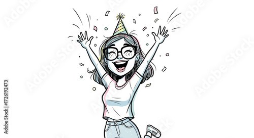 Excited Cartoon Girl Celebrating with Party Hat