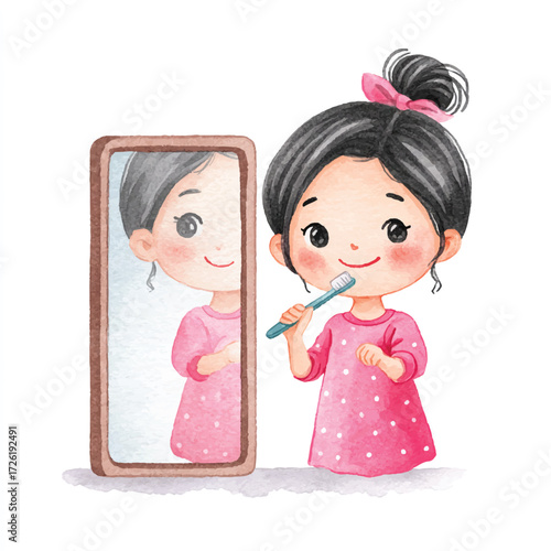 Girl brushing teeth in front of mirror getting ready for the day.