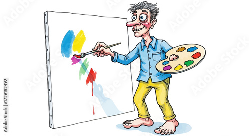 Cartoon Artist Painting on Canvas with Palette