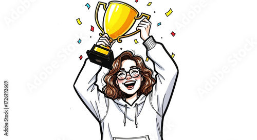 Joyful Woman in Hoodie Holding Golden Trophy