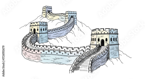Colorful Hand-Drawn Illustration of the Great Wall of China