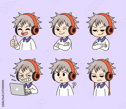 A set of six anime-style illustrations of a boy with gray hair and headphones, displaying various emotions like happiness, anger, and confusion.