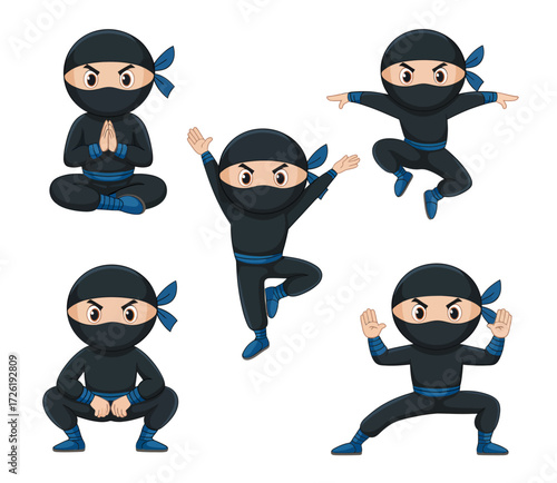 A collection of five cartoon ninjas in various dynamic poses, showcasing their martial arts skills and stealthy nature.