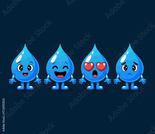 Cartoon water drops with various emotions on a dark background.