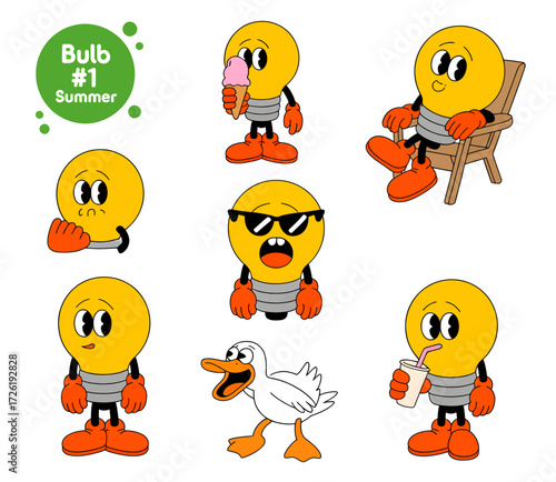 A collection of cartoon light bulbs enjoying summer activities, each with unique expressions.