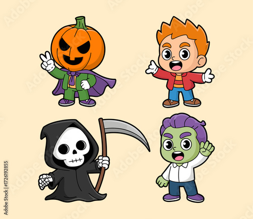 Cute cartoon Halloween characters, including a pumpkin head, a boy, a grim reaper, and a zombie.