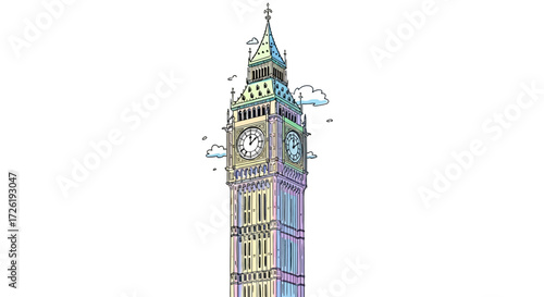 Colorful Illustrated Big Ben Clock Tower in London