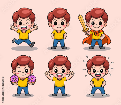 Cartoon boy in various poses, including running, posing, and holding items, with different expressions.