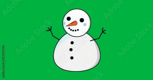 Snowman appearing then lifting twig arms outward upward for showing wave motion on transparent BG