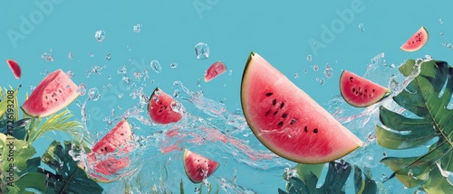 Vibrant Watermelon Slices, Tropical Leaves, and Water Splashes on Blue Background.