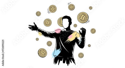Man Juggling Bitcoin Cryptocurrency Coins with Colorful Brush Strokes