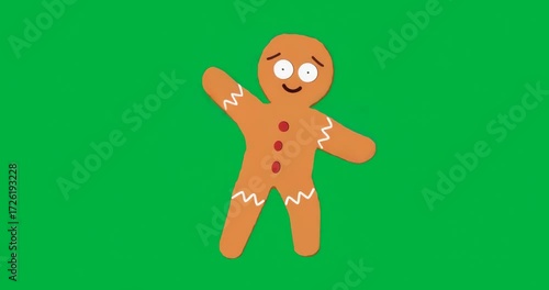 Glitching blue pixels starting gingerbread cookie moving arms, tilting head visualizing animation