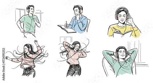 Six Sketches of People Enjoying Music with Headphones
