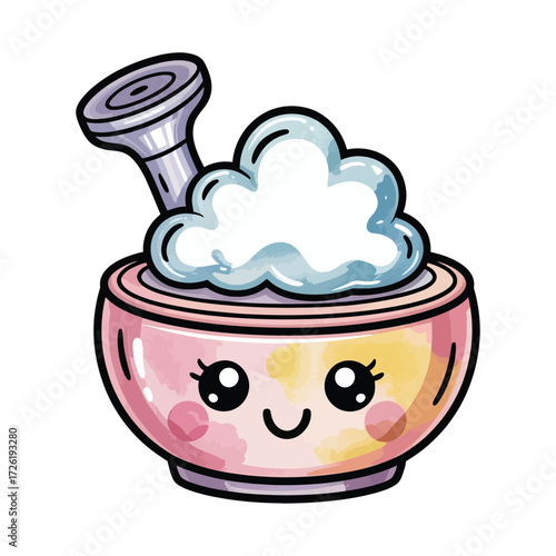 kawaii pastel facial steamer with smiling face, watercolor clipart, transparent background, planner sticker style