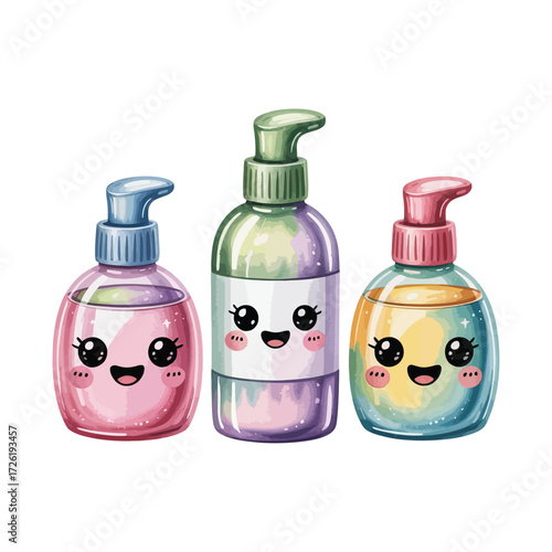 kawaii massage oil and cream bottles in pastel colors with happy faces, watercolor clipart, transparent background