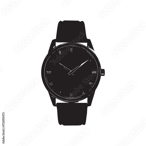 Monochrome Silhouette of a Classic Wristwatch on a White Background