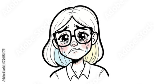 Crying Cartoon Woman with Glasses and Short Hair