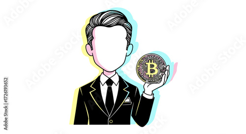 Faceless Businessman Holding a Bitcoin Cryptocurrency Coin