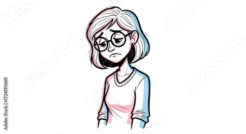 Cartoon Woman with Round Glasses Expressing Sadness and Disappointment