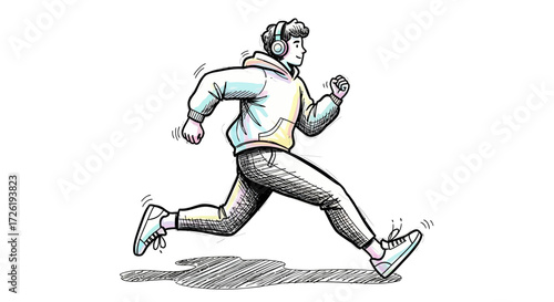 Young Man Jogging with Headphones, Casual Outfit