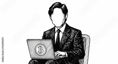 Faceless Businessman with Bitcoin Laptop Illustration