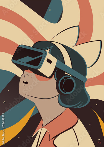 Stylized Portrait of a Young Woman in VR Headset, Immersed in Abstract Digital Future