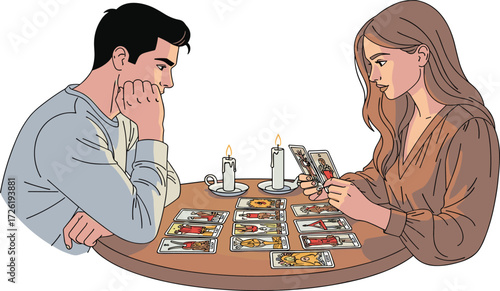 Illustration of woman reading tarot cards for man with candles on table, fortune telling and mystical future prediction spiritual session