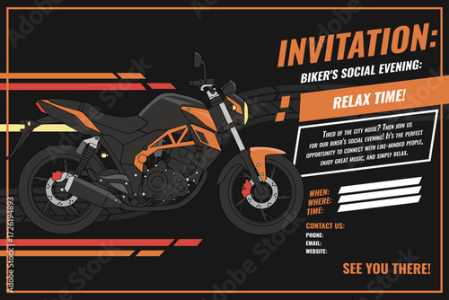 A graphic poster inviting to a biker's social event, featuring a modern sport motorcycle against a dark background with orange and red lines