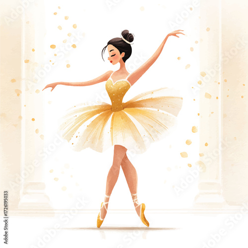Graceful Ballerina in a Golden Tutu Performing a Ballet Dance.