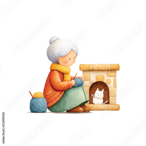 Grandma Knitting by the Fireplace with a Cat.