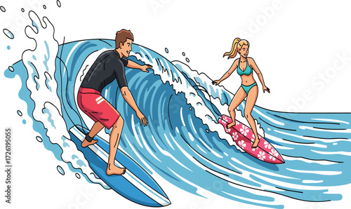 Surfers riding ocean waves illustration, summer beach water sport, surfing adventure lifestyle, extreme sports activity, tropical holiday fun, outdoor sea challenge